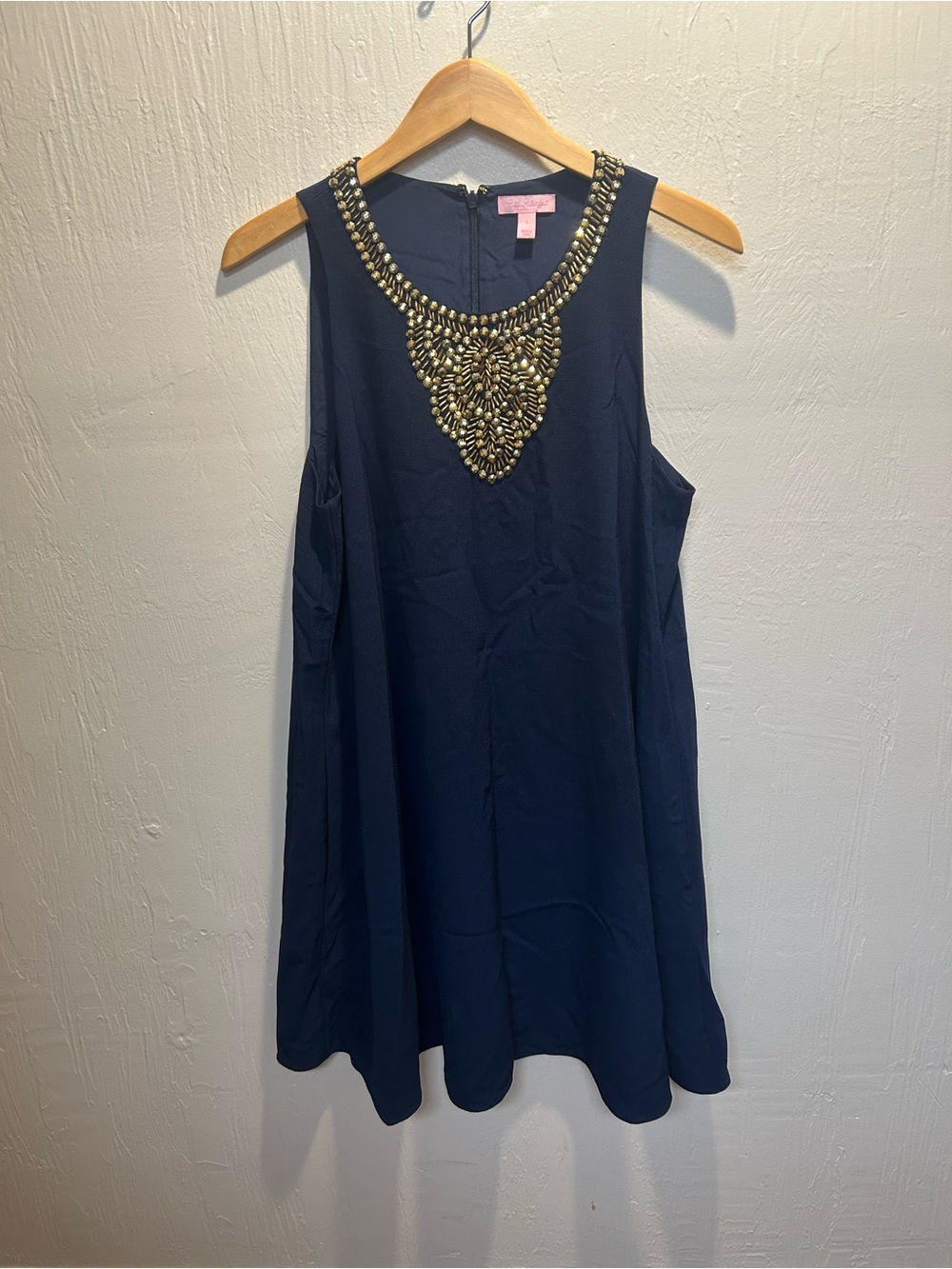 Lilly Pulitzer Navy Blue Gold Bedazzled Neckline Shift Dress Mimi Trapeze